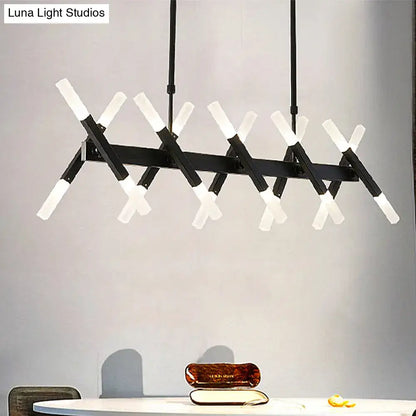 Modern black metal tube island pendant with intersecting arms and frosted white acrylic tube lights for dining room