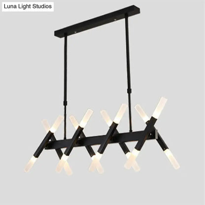 Black modern tube island pendant light with sleek metal arms and frosted acrylic tube lights for dining room ceiling