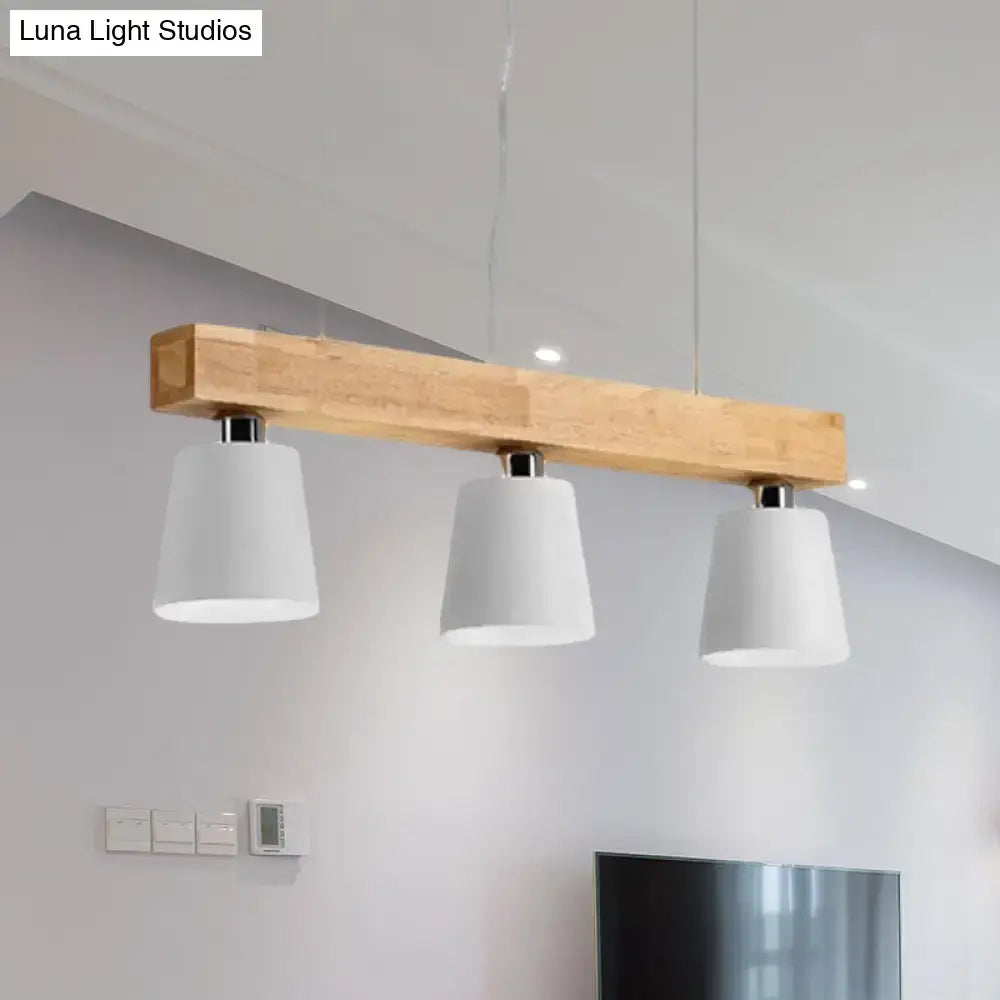 DecorBites modern adjustable pendant lamp with three white conical shades on a minimalist wooden beam for e26 e27 bulbs