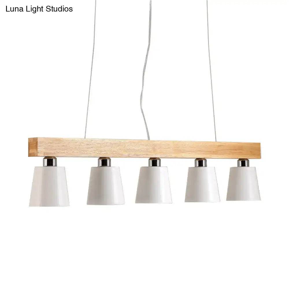 DecorBites modern adjustable pendant lamp with natural wood beam and five white ceramic e26 e27 shades in black and white