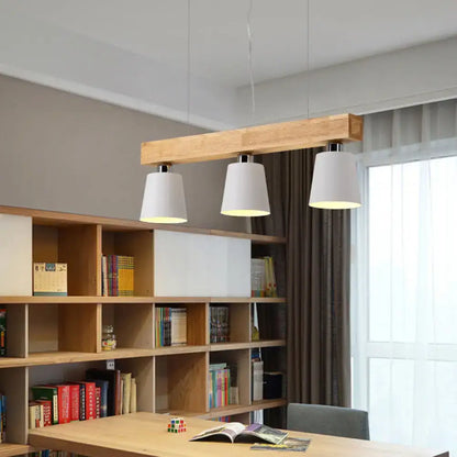 Modern wooden pendant lamp with three white conical shades compatible with e26 e27 bulbs for kitchen island lighting