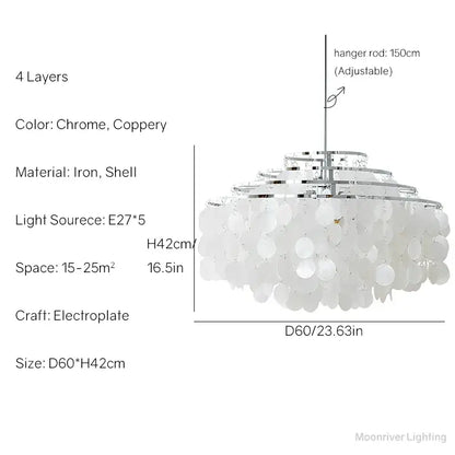 Modern decorbites aeolian bells shell chandelier with chrome coppery iron frames and white shell discs for living room lighting