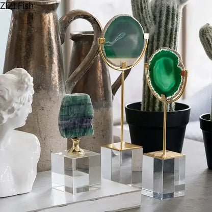 Elegant green agate crystal base ornaments with gold-toned metal stands and clear acrylic bases for modern living room decorbites decor