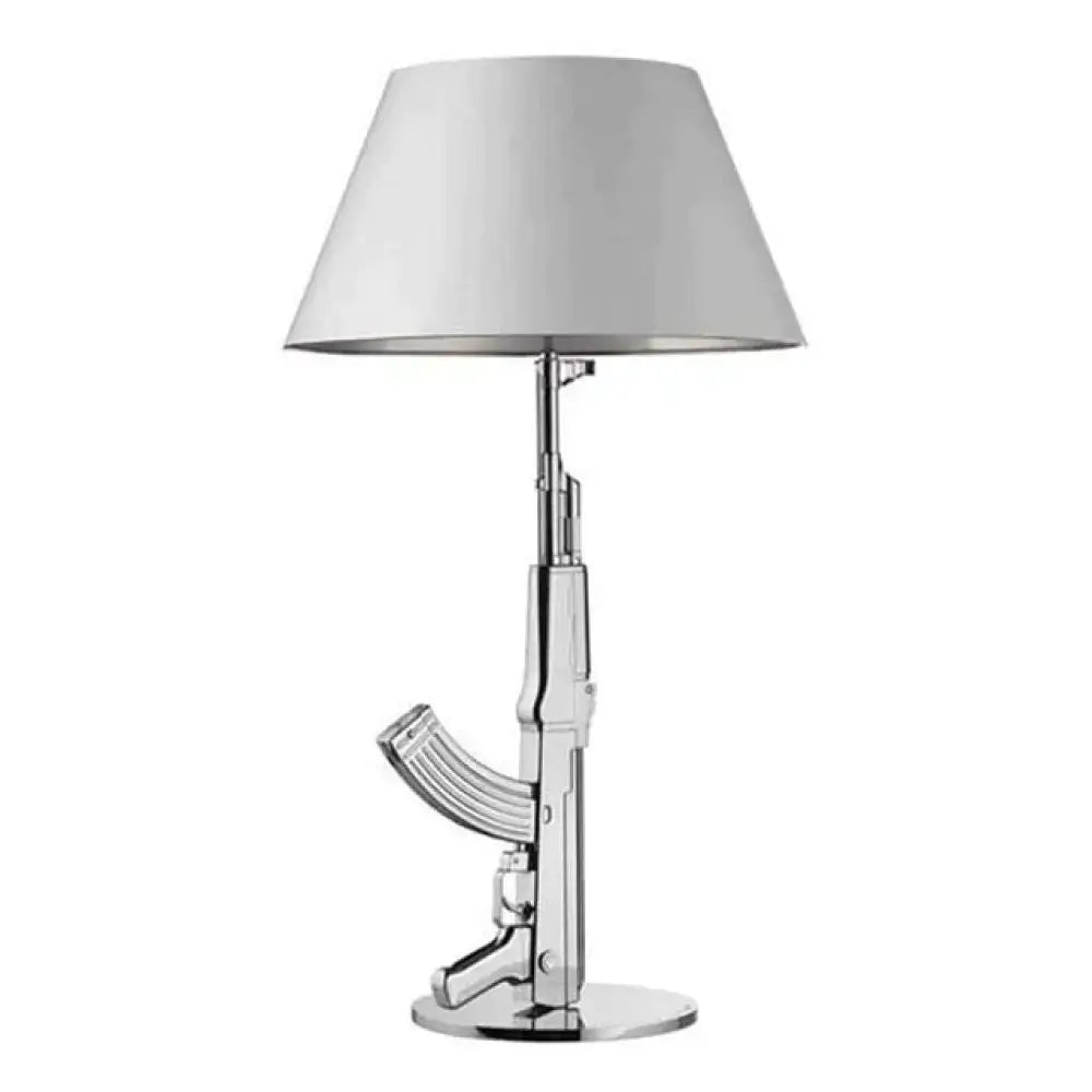 Modern ak47 gun lounge floor lamp with chrome finish and white conical shade in silvery gold lustre for bedroom use