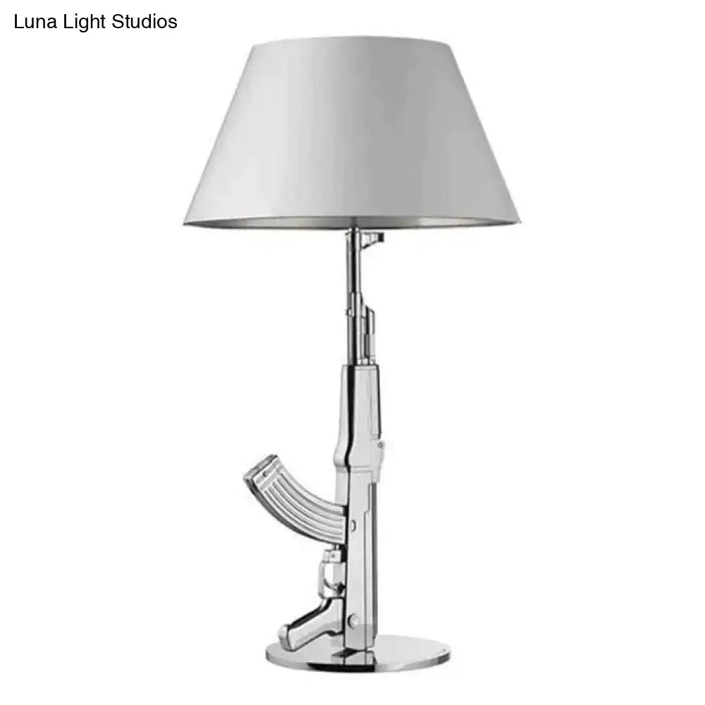 Modern ak47 gun lounge floor lamp with chrome finish and white conical shade for gold and black bedroom light