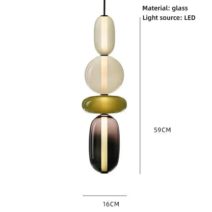 Modern amber and cream colorful glass ball pendant lights with stacked oval beads in cream and olive green for dining room