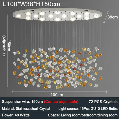 Modern amber and gold colorful crystal stone chandelier with 72 amber and clear crystals on stainless steel frame