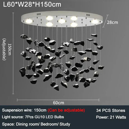 Modern black stone pendant chandelier with white circular mount and seven gu10 leds for colorful crystal stone decorbites