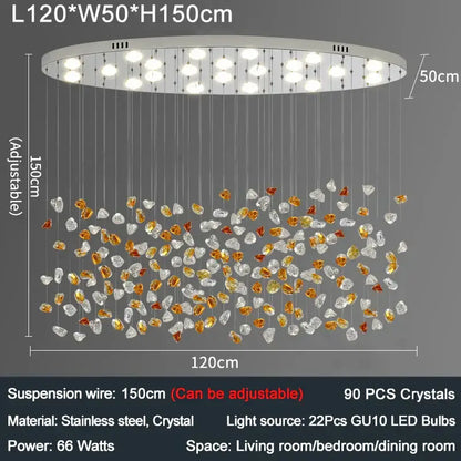 A modern amber and gold colorful crystal stone chandelier with 22 gu10 led bulbs and stainless steel frame for dining room decorbites