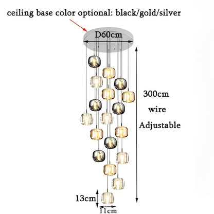 Silver-toned modern amber and gold crystal led chandelier with cascading spherical and square glass bulbs for living room use