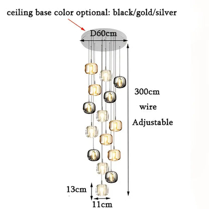Modern amber and gold crystal led chandelier with adjustable 300cm circular base and cascading glass globe pendants