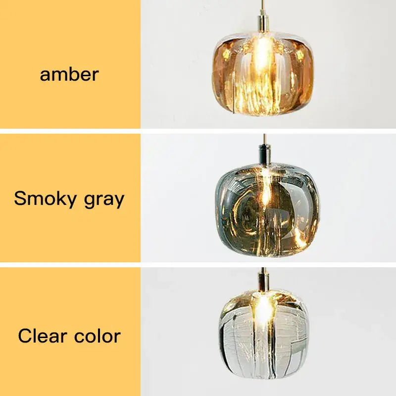 Modern amber and gold crystal led chandelier with amber smoky gray and clear glass pendant lights by decorbites crystal led