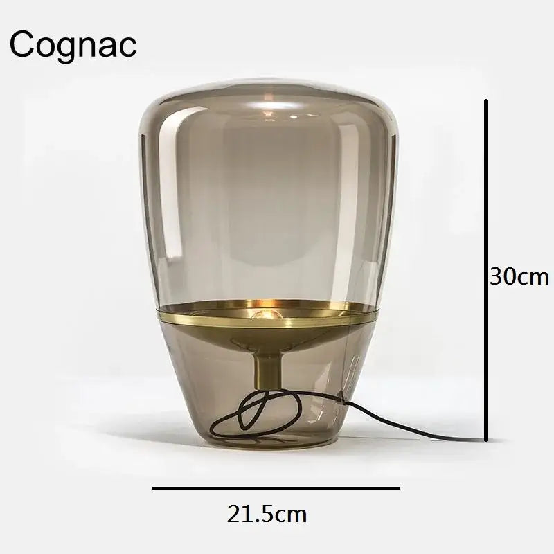 Modern amber balloons led glass table lamp with cognac glass and brass base for home office or living space lighting