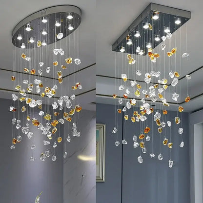 Modern amber and clear crystal dining chandelier with sleek metallic frame by decorbites crystal dining decor