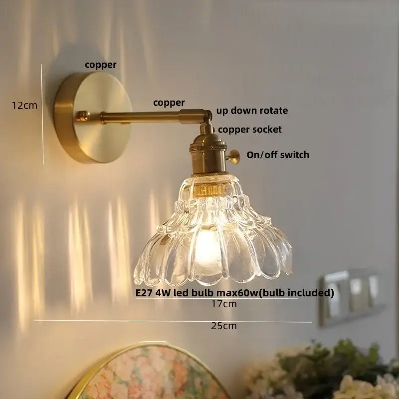 Modern amber clear glass wall sconce with copper finish fluted glass shade and adjustable arm by decorbites clear glass