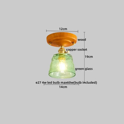 Vintage-style led ceiling lamp with warm wood base copper socket and textured green glass shade for dining room
