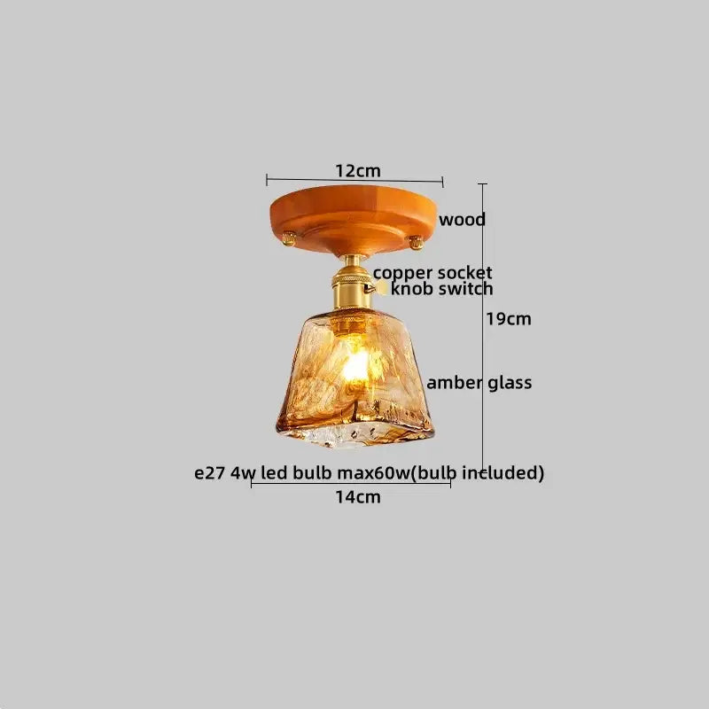 Modern amber glass and brass led ceiling lamp with wooden mount and copper socket for dining room lighting