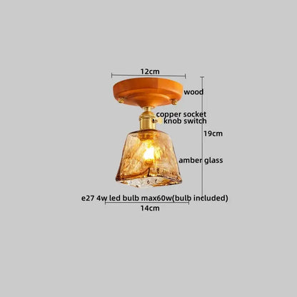 Modern amber glass and brass led ceiling lamp with wooden mount and copper socket for dining room lighting