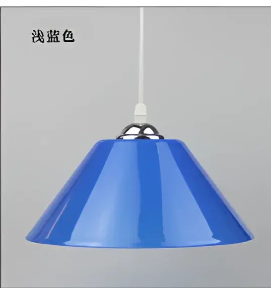 Modern pendant light with bright blue pvc plastic shade, iron finish fixture, and white cord for dining room lighting