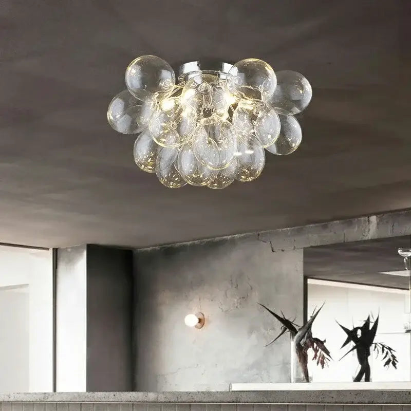 Modern clear glass chandelier led cluster ceiling lamp with bubble design and chrome base for bedroom lighting
