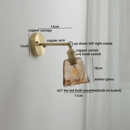 Modern amber glass copper led wall lamp with adjustable arm copper led wall sconce for bedroom lighting