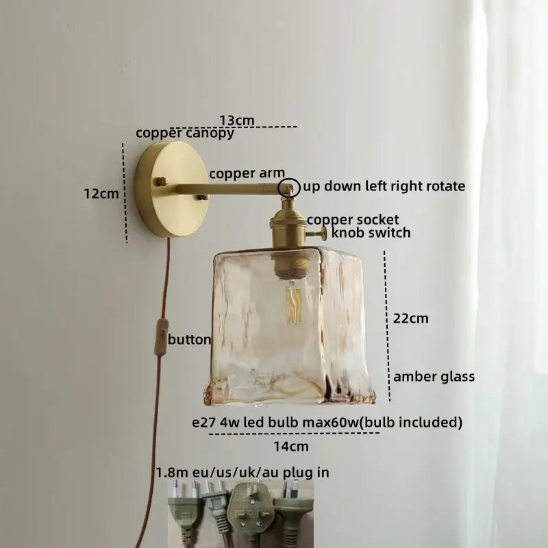 Modern amber glass copper led wall lamp featuring a textured amber glass shade for bedroom lighting