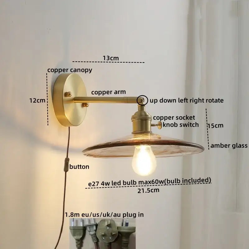 Vintage-style copper led wall lamp with amber glass shade and visible LED bulb for bedroom sconce lighting