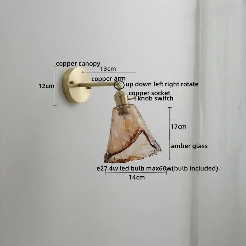 Modern amber glass copper led wall lamp with adjustable knob switch and brass copper canopy for bedroom sconce lighting