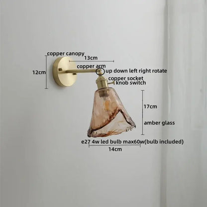 Modern amber glass copper led wall lamp with adjustable knob switch and brass copper canopy for bedroom sconce lighting