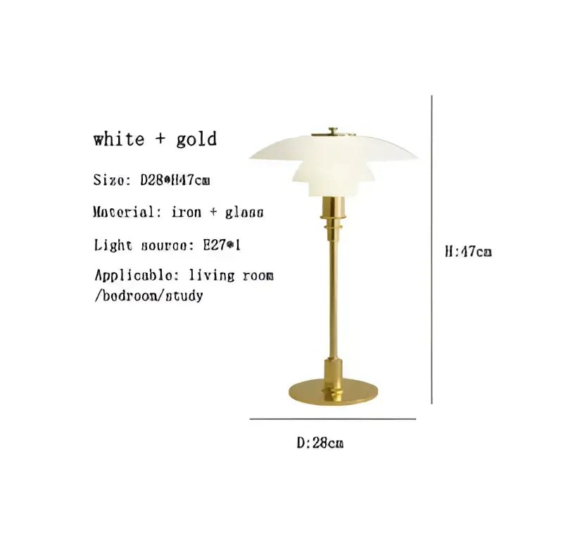 Modern amber glass desk lamp with white and gold tiered glass shades and slender iron base for decorbites glass desk use