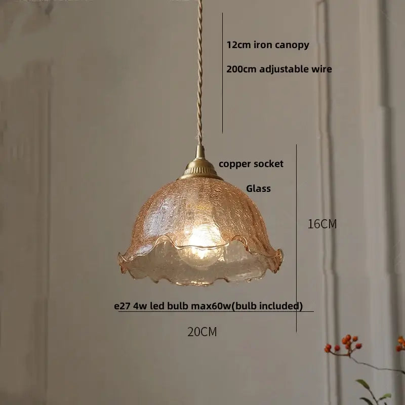 Modern amber glass led pendant lamp with warm-toned textured glass, copper socket, and adjustable iron canopy for dining room