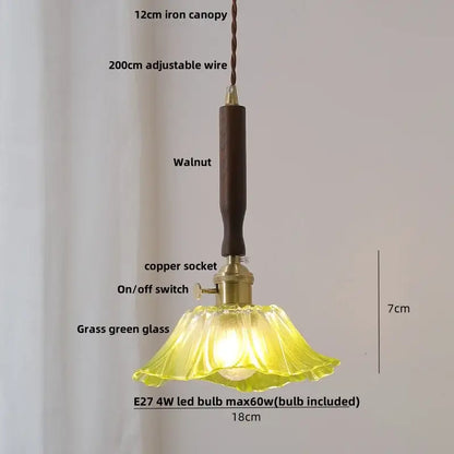 Modern amber glass led pendant light with delicate grass green fluted glass and walnut wood iron canopy decorbites amber glass