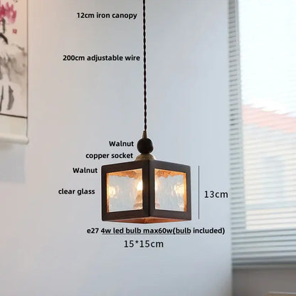 Modern amber glass led pendant light with a 13cm walnut-finished iron frame and clear textured glass panels for dining room