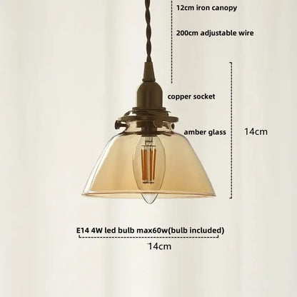 Vintage-style pendant light with 12cm iron canopy copper socket and amber glass led shade for modern kitchen use