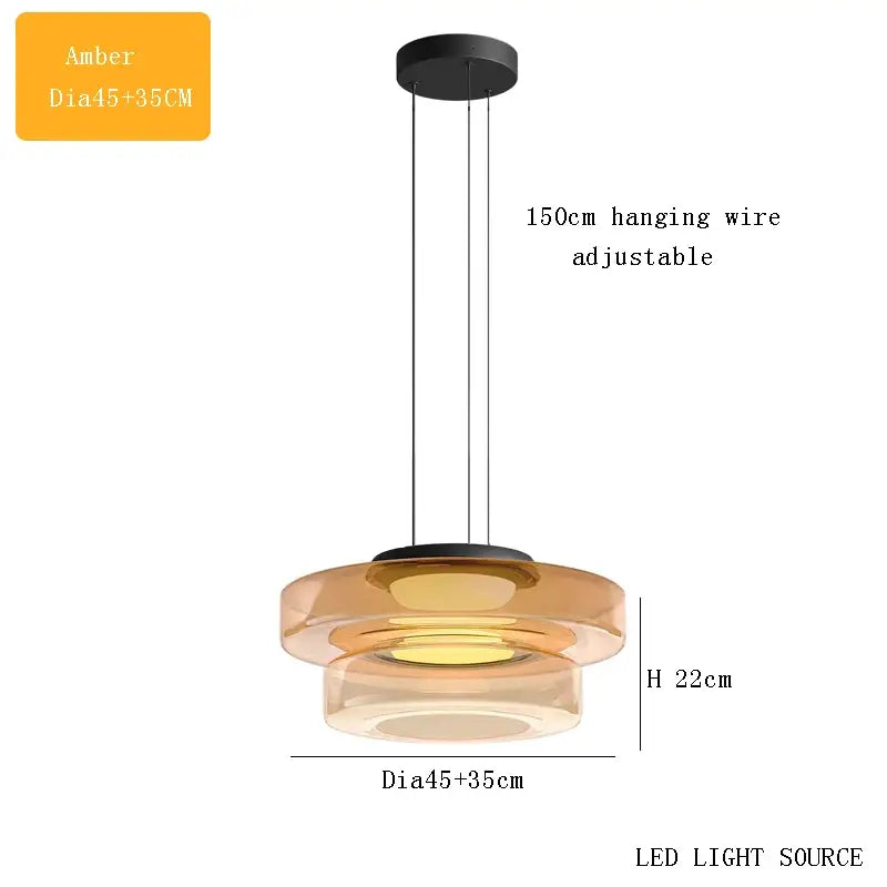 Modern amber glass led pendant lights with layered design, black ceiling mount, and adjustable hanging wire chandelier led pendant