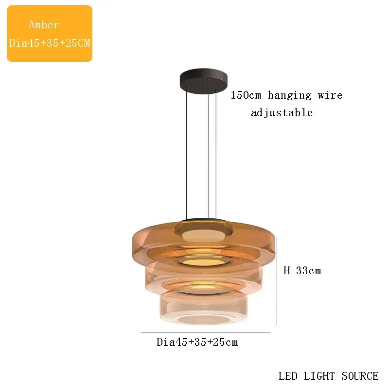 Modern amber glass chandelier led pendant with tiered stacked circular design for dining room lighting