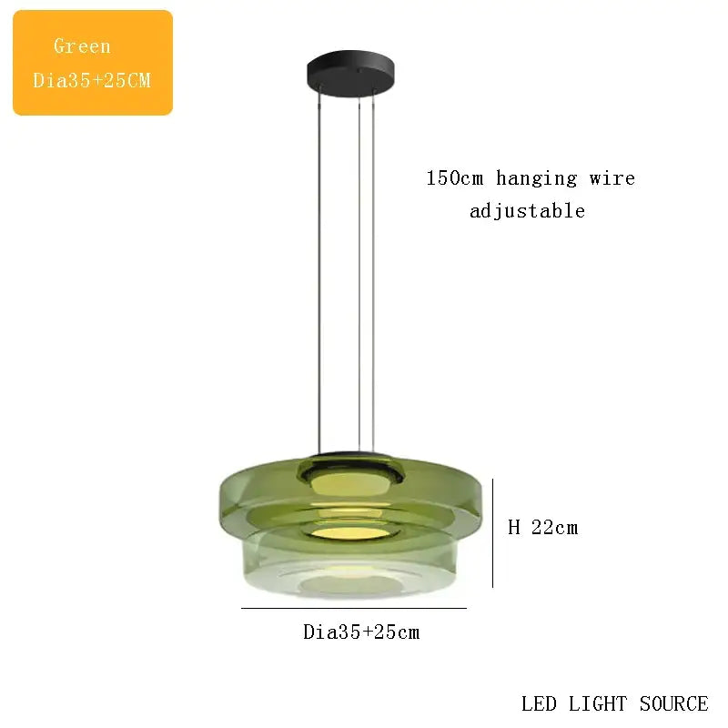 Modern green glass chandelier led pendant with sleek layered design and adjustable wire ideal for dining room lighting