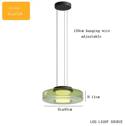 Green glass chandelier led pendant with circular translucent design and black metal hardware for dining room lighting