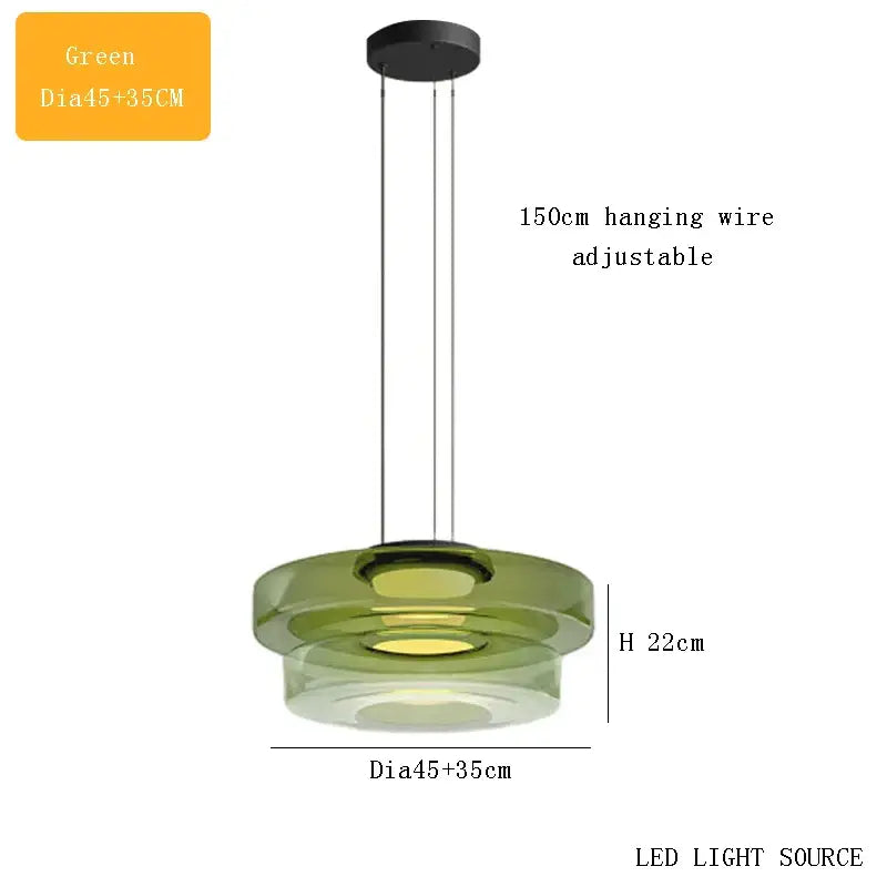 Modern green glass chandelier led pendant with sleek layered circular design and adjustable 150cm hanging wire