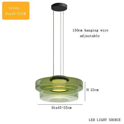 Modern green glass chandelier led pendant with sleek layered circular design and adjustable 150cm hanging wire
