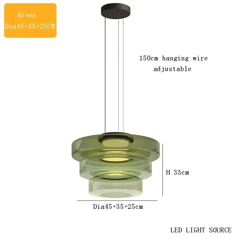 Modern amber glass chandelier led pendant with green tiered glass and adjustable 150cm wire for dining room lighting