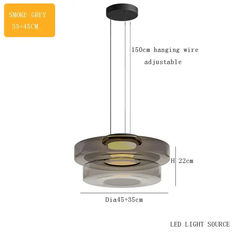 Smoke grey tiered glass chandelier led pendant with minimalist design and adjustable hanging wire for dining rooms