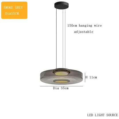 Smoke grey circular led pendant light with sleek modern design and adjustable 150cm wire for glass chandelier led use