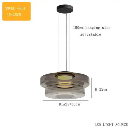 Smoke grey tiered glass chandelier led pendant with modern design and adjustable 150cm hanging wire for dining room