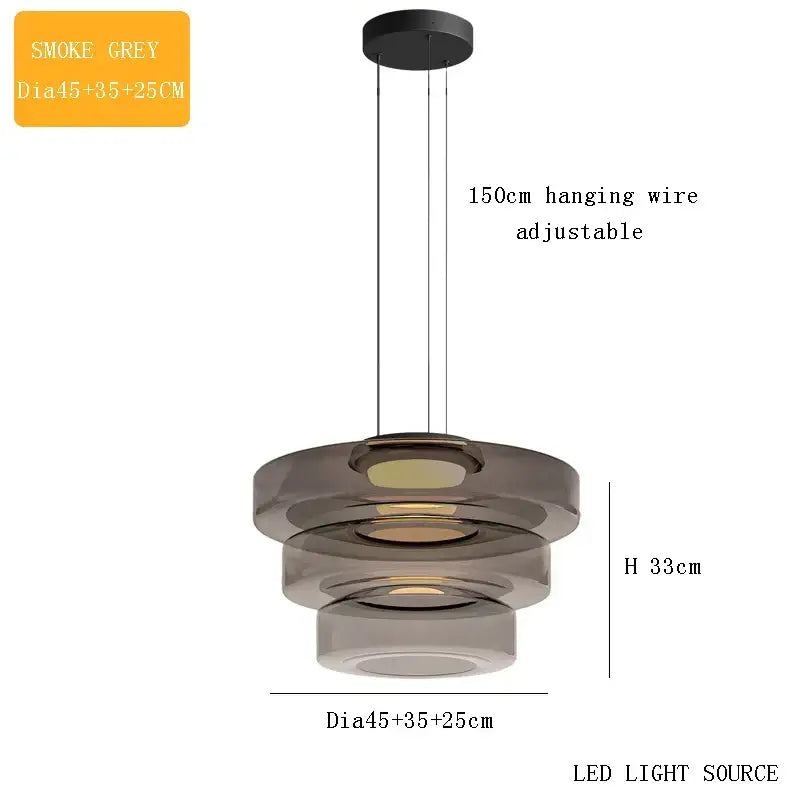 Modern smoke grey tiered led pendant light with stacked circular design for dining room glass chandelier led