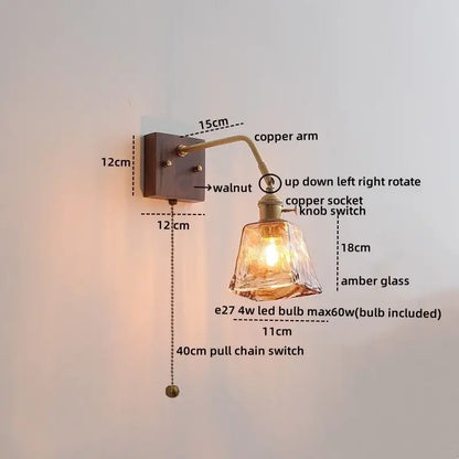 Modern amber glass led wall sconce with dark walnut base, curved copper arm, ideal for decorbites led wall lighting