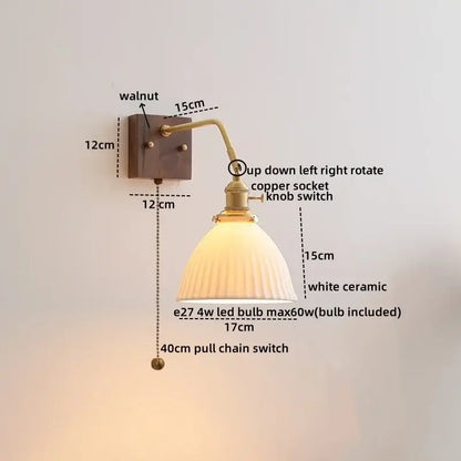 Vintage wall sconce with walnut base, brass arm, white ceramic shade, and 4w led bulb for decorbites led wall sconce