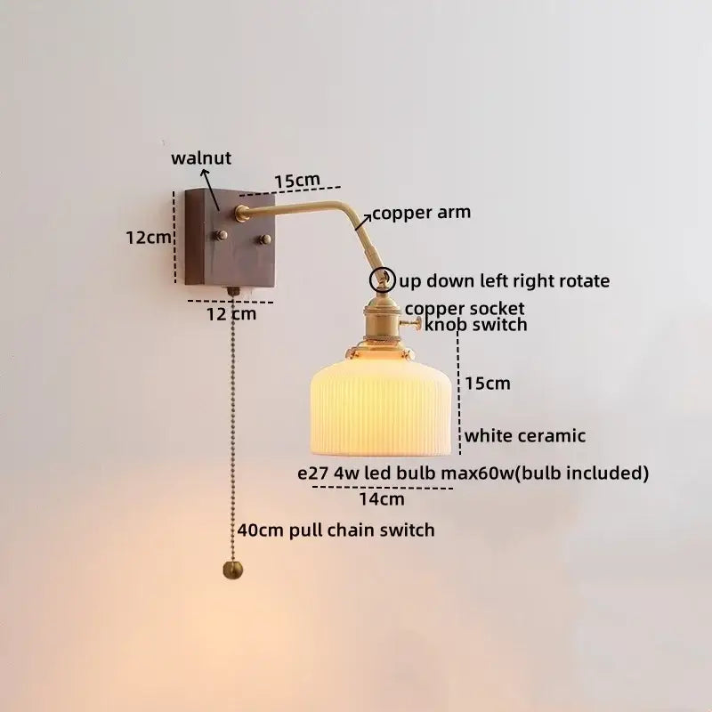 A vintage-style wall sconce with walnut base, copper arm, white ceramic shade for decorbites led wall sconce lighting