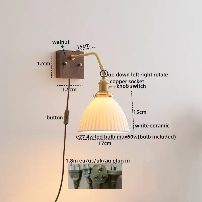 Modern amber glass led wall sconce with walnut base, brass copper socket, and white ceramic shade for decorbites led wall use