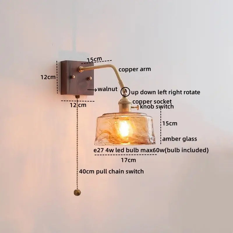 Modern amber glass led wall sconce with copper arm and walnut mounting plate for bedroom decor by decorbites led wall